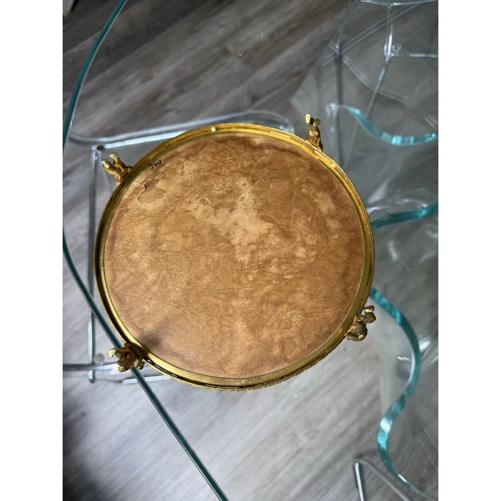 Vintage Ormolu Cherub Footed Mirror Tray Gold Tone Vanity Plateau Baby Angels 8